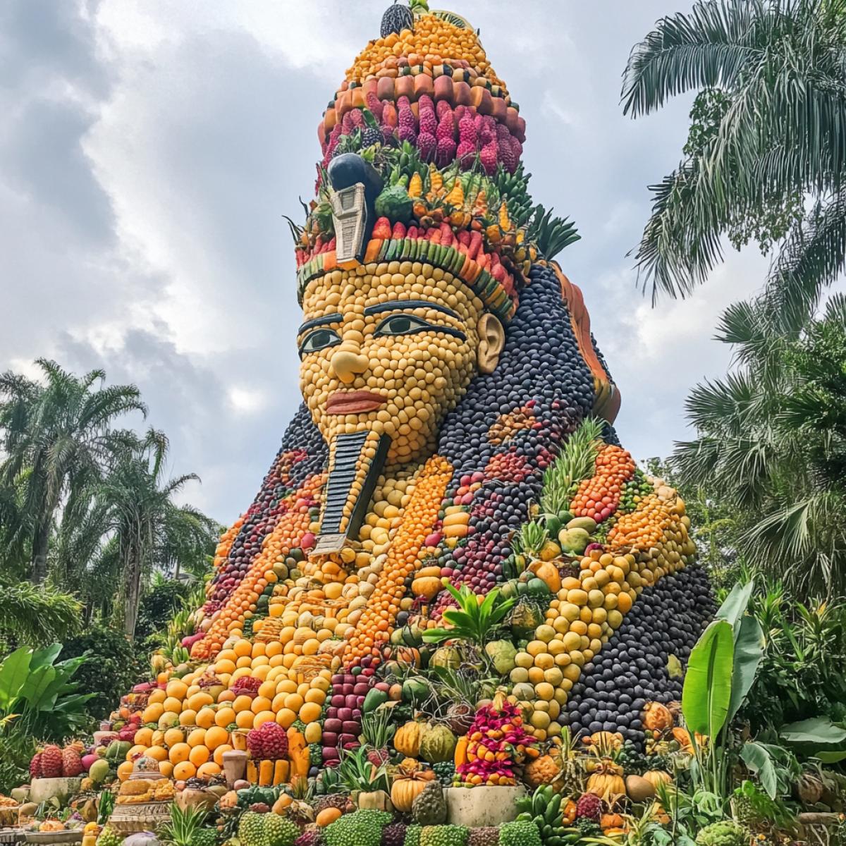 A very big Egyptian idol made of thousands of fruits and food rises into the sky in the middle of the jungle