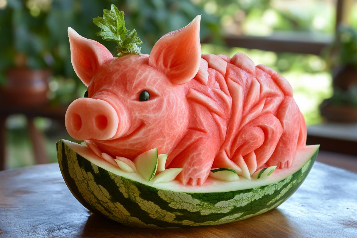 Pig carved from watermelon