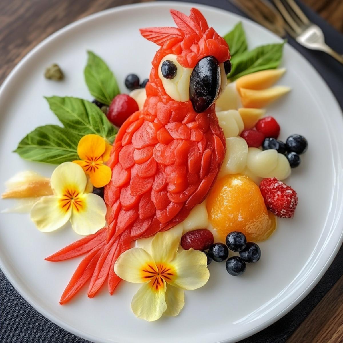 The food is beautifully decorated in the form of a beautiful and wonderful and cute and colorful parrot