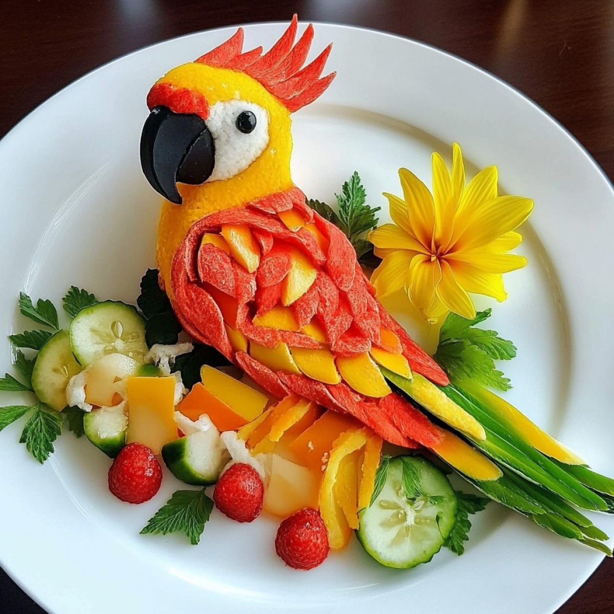 The food is beautifully decorated in the form of a beautiful and wonderful and cute and colorful parrot
