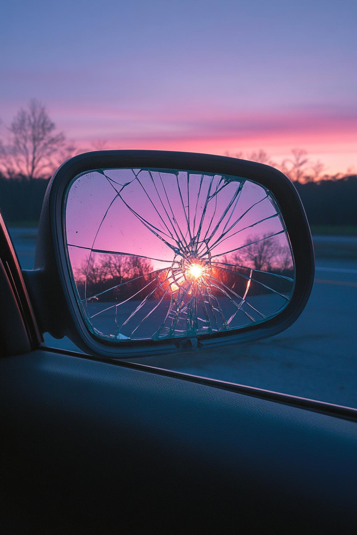 Headlight glow in a broken car rearview mirror.