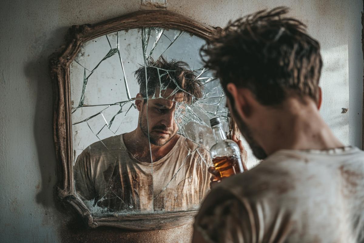 A man in an old T-shirt with disheveled dirty hair holds a bottle of vodka in his hands and looks into a broken mirror, a loving married couple is reflected in the broken mirror