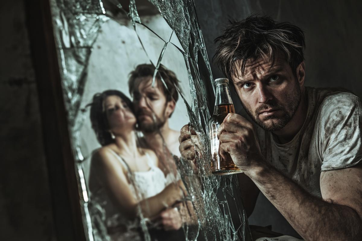 A man in an old T-shirt with disheveled dirty hair holds a bottle of vodka in his hands and looks into a broken mirror, a loving married couple is reflected in the broken mirror