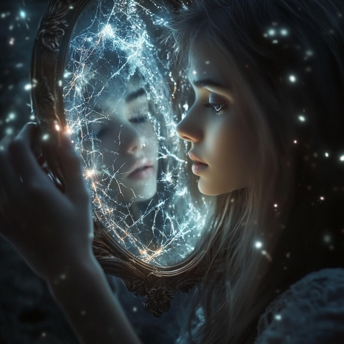 A beautiful girl looks into a mirror with many cracks and sees in it a magical and magical shimmer of light, another beautiful world