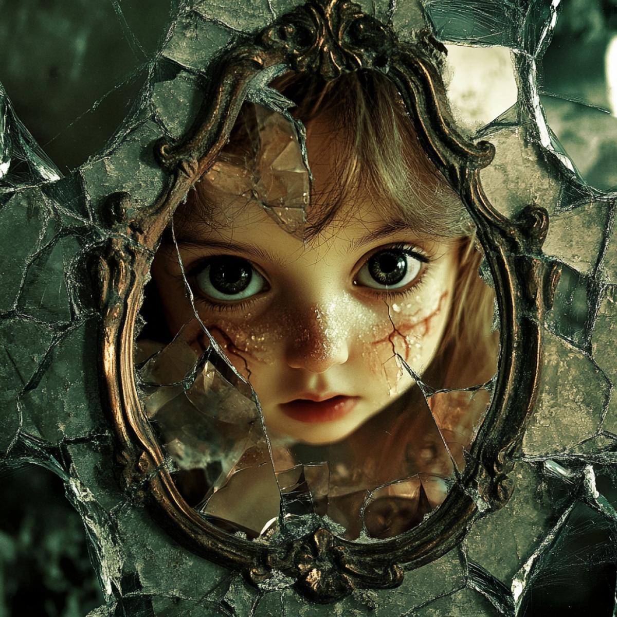 Horrifying reflection in a broken mirror of a cute girl