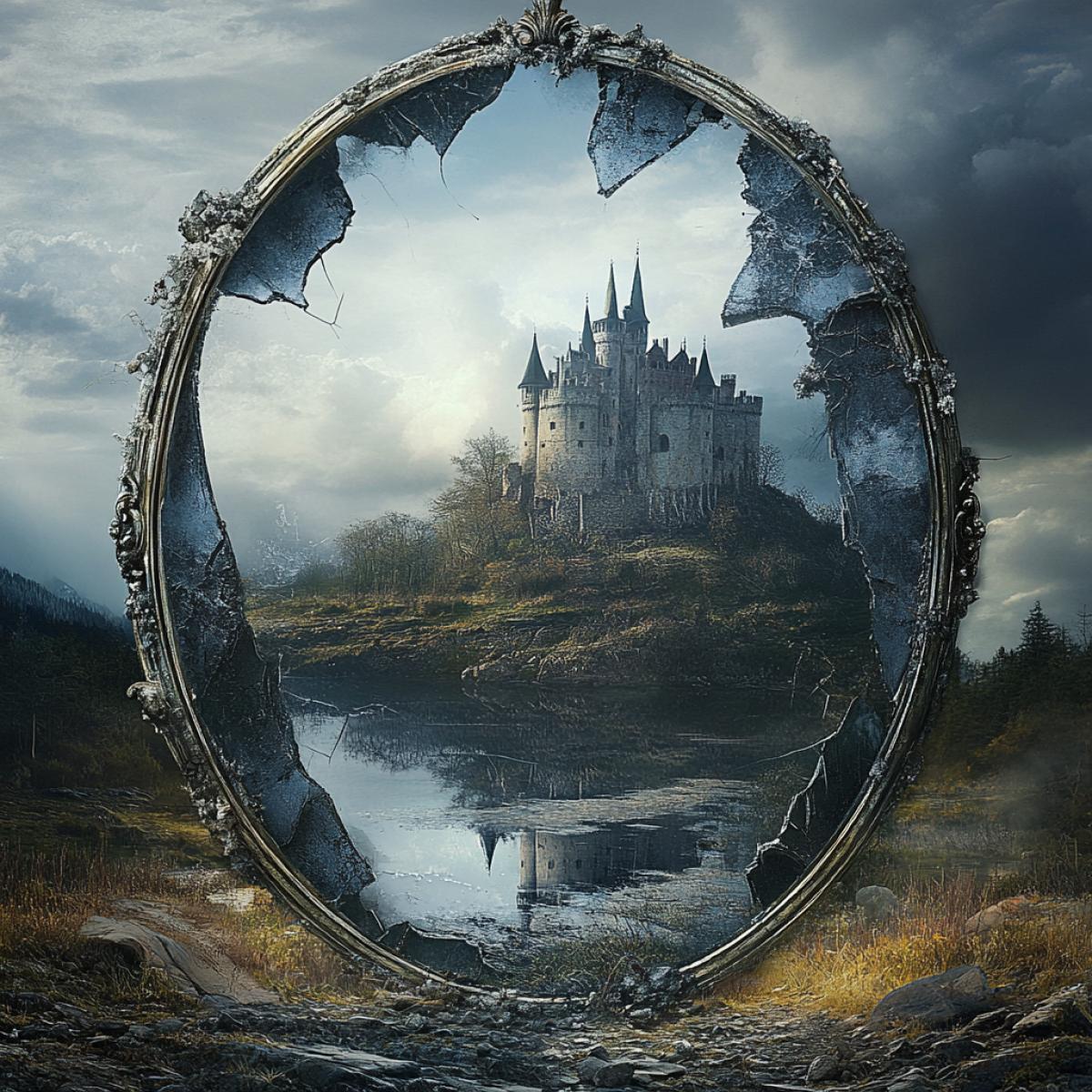 A broken mirror in which there are many mysteries and secrets, which contains mystery and mystery in its reflection, an old castle is visible