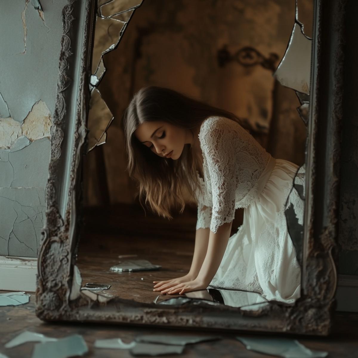 A beautiful girl crawls out of a mirror with a crack