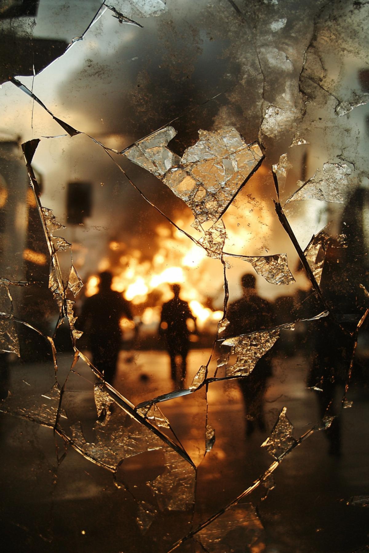 In the reflection of the mirror fragments there is an apocalypse, fire, smoke, people running in panic