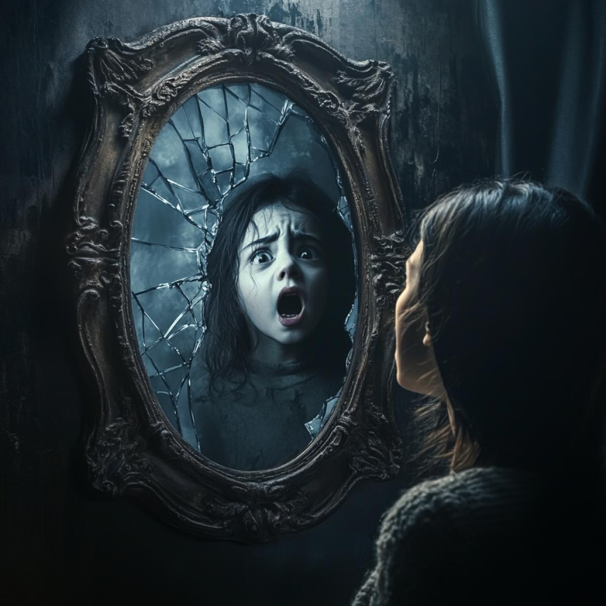 Mystical scene. Dark, like a horror movie. A woman looks into a large mirror on the wall, in a carved frame. Mirror with a crack. A crying child looks at the woman from the mirror shards. Realistic high quality photo