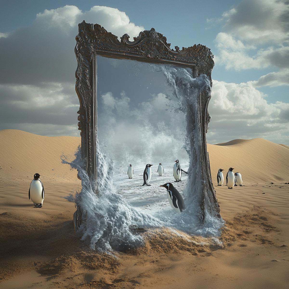 From a magical broken mirror standing in the desert steam comes from the snow and cold and penguins run out