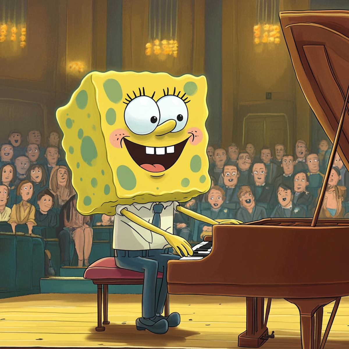 In a big hall full of spectators, a funny SpongeBob is playing the piano.