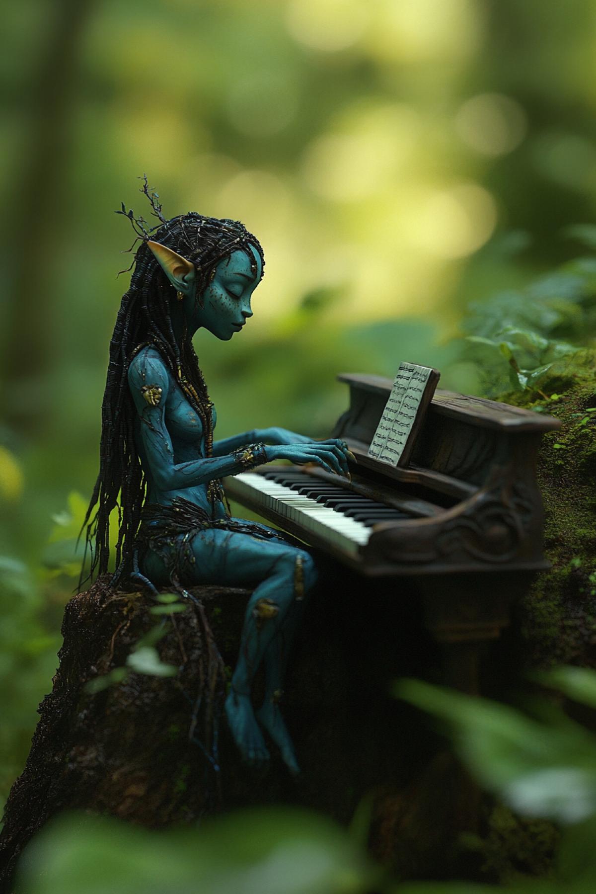 Neytiri from the movie Avatar plays the piano in the forest on a tree