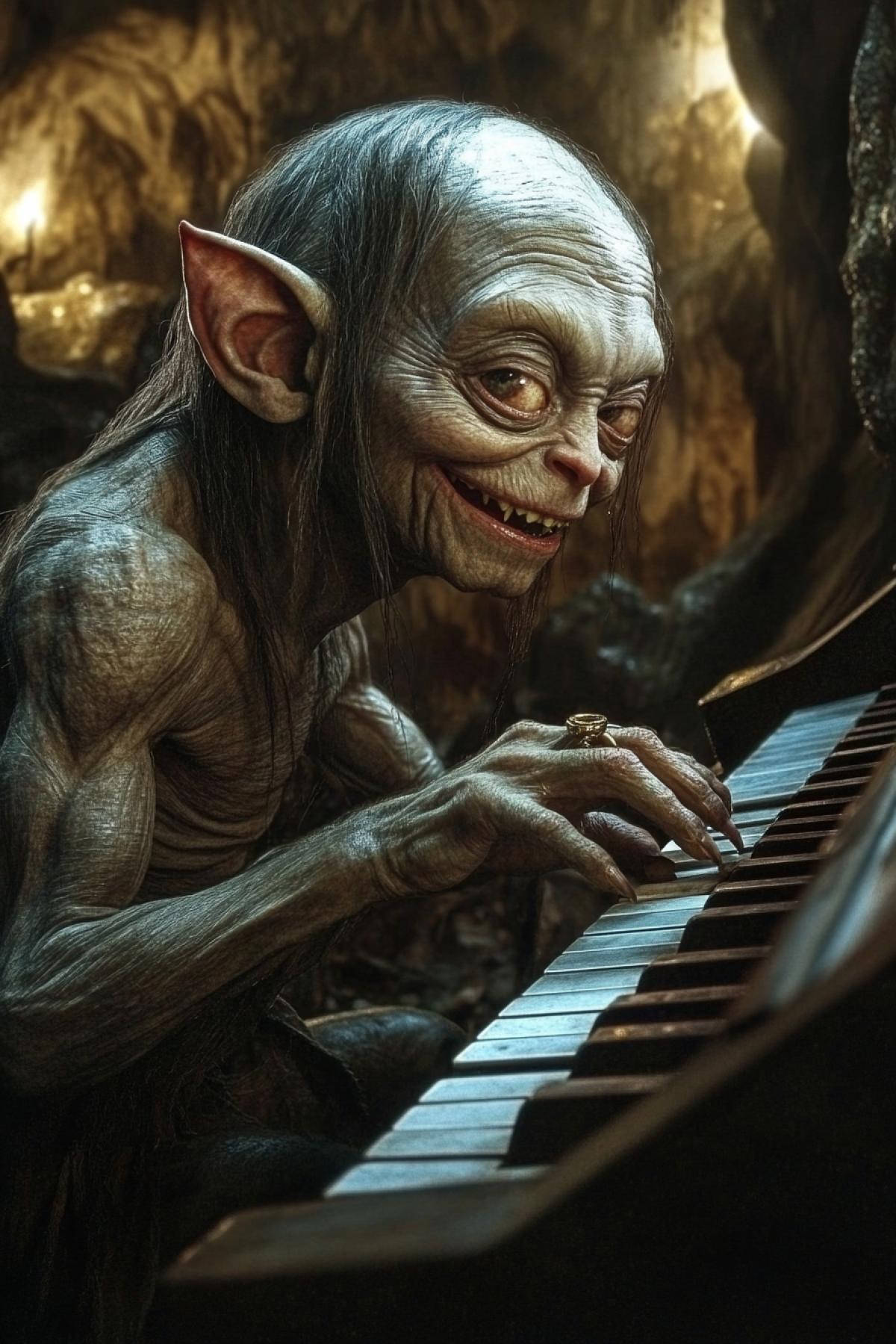 Gollum from Lord of the Rings plays the piano in a cave, happy, with a ring on his finger