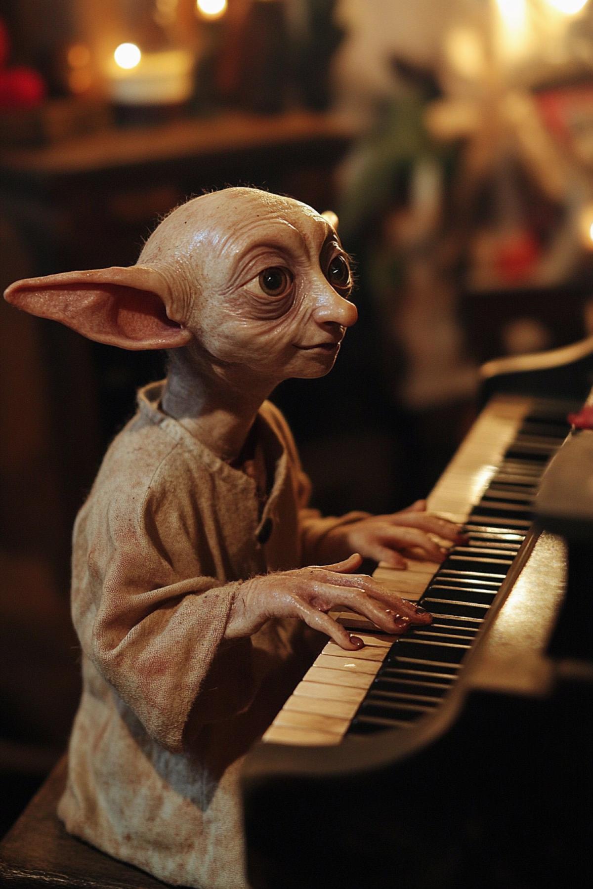 House elf Dobby from the movie Harry Potter plays the piano