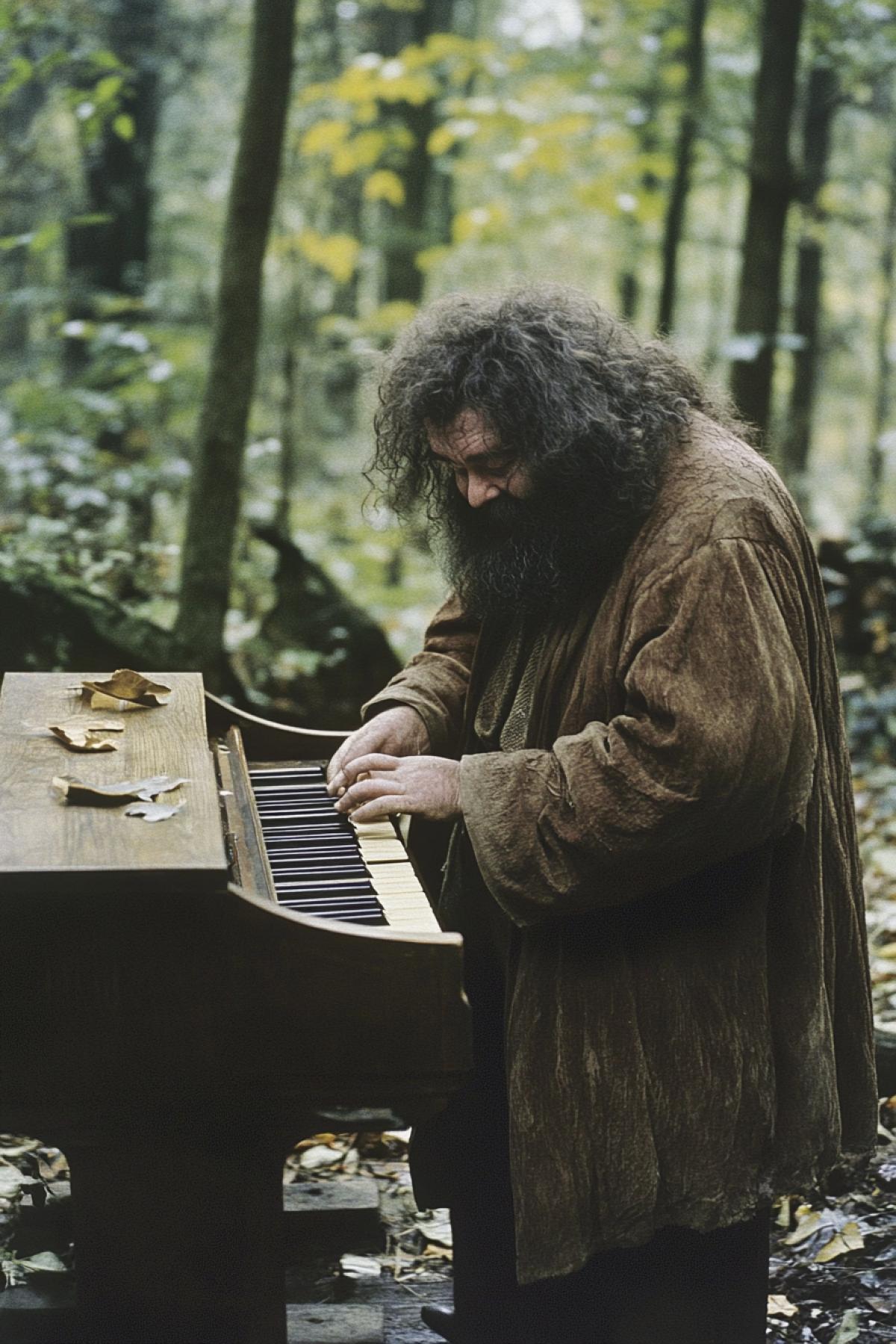 Hagrid in the Harry Potter film plays the piano in the forest next to his hut and the hippogriff