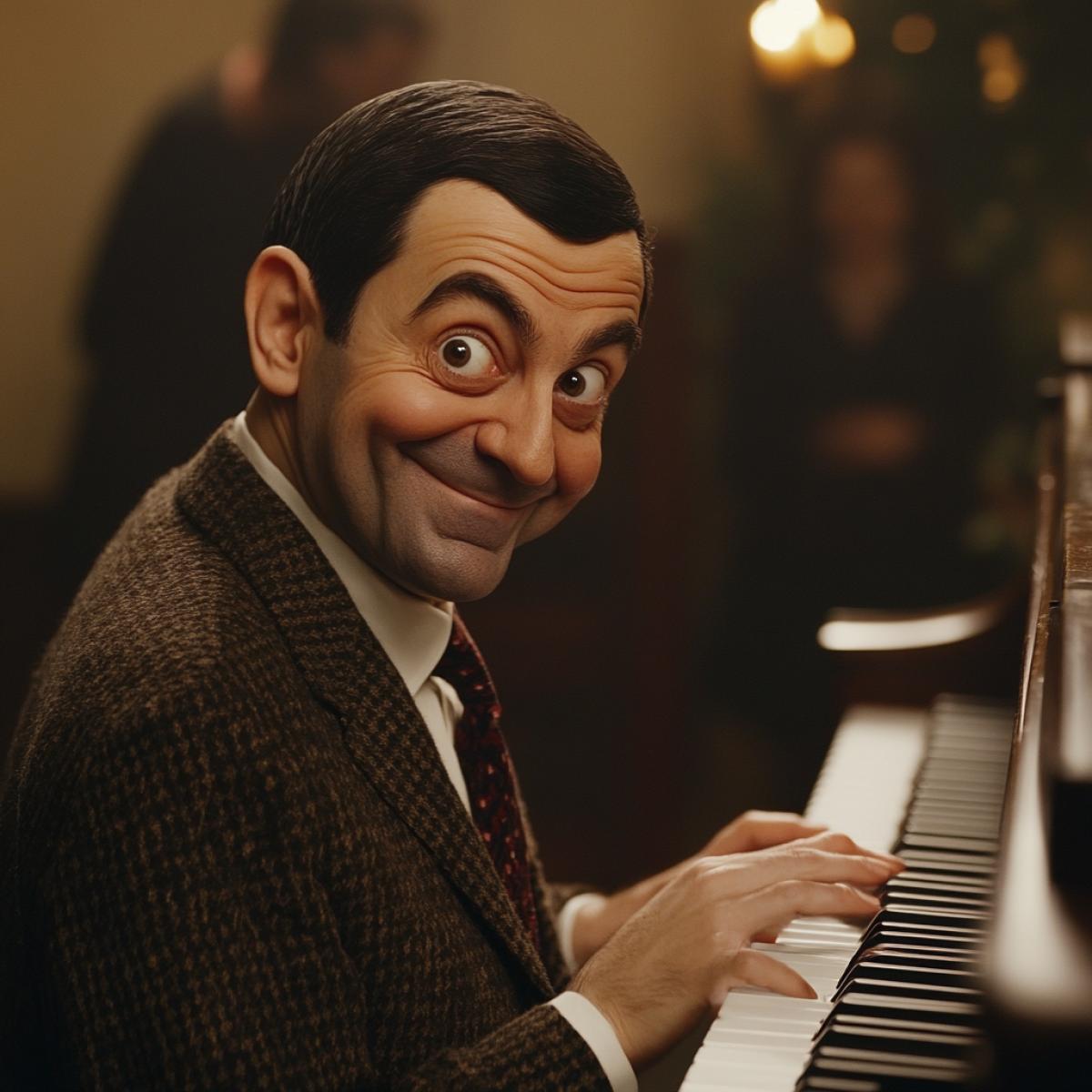 Mr. Bean plays the piano with a funny face. People laugh at him