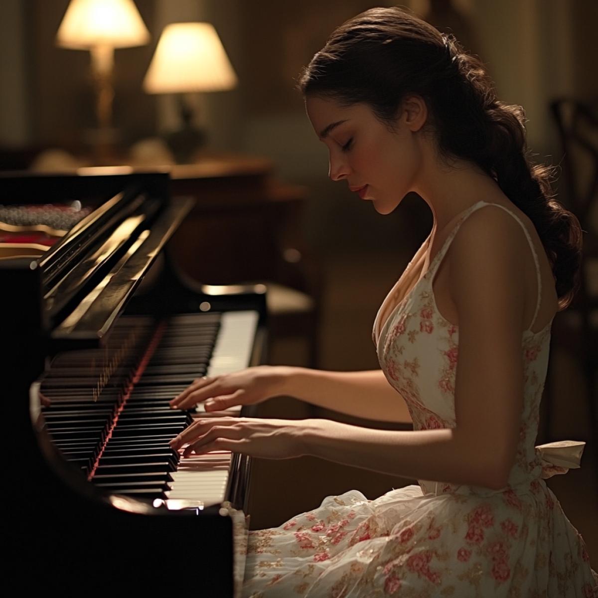 Alex from the movie Irreversible in a beautiful dress plays the piano in