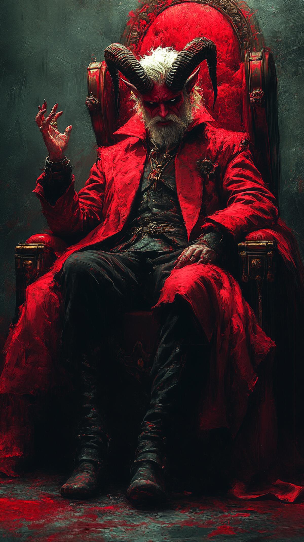 The Devil wishes everyone good morning and waves his hand while sitting on his throne in Hell.
