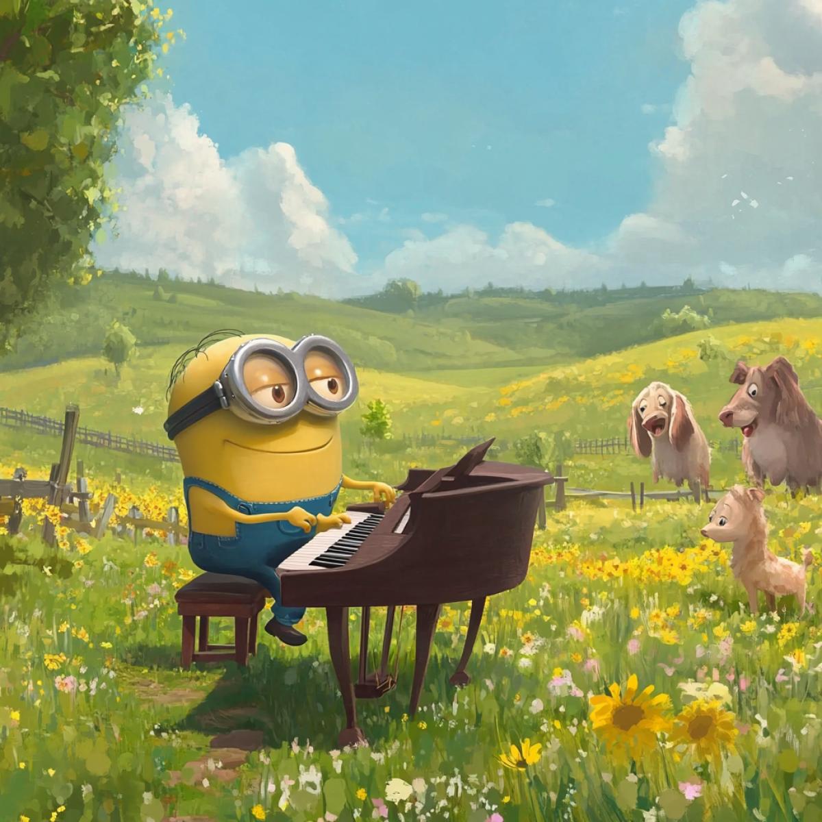 A minion plays the piano in a field, animals run nearby, listen attentively and applaud him
