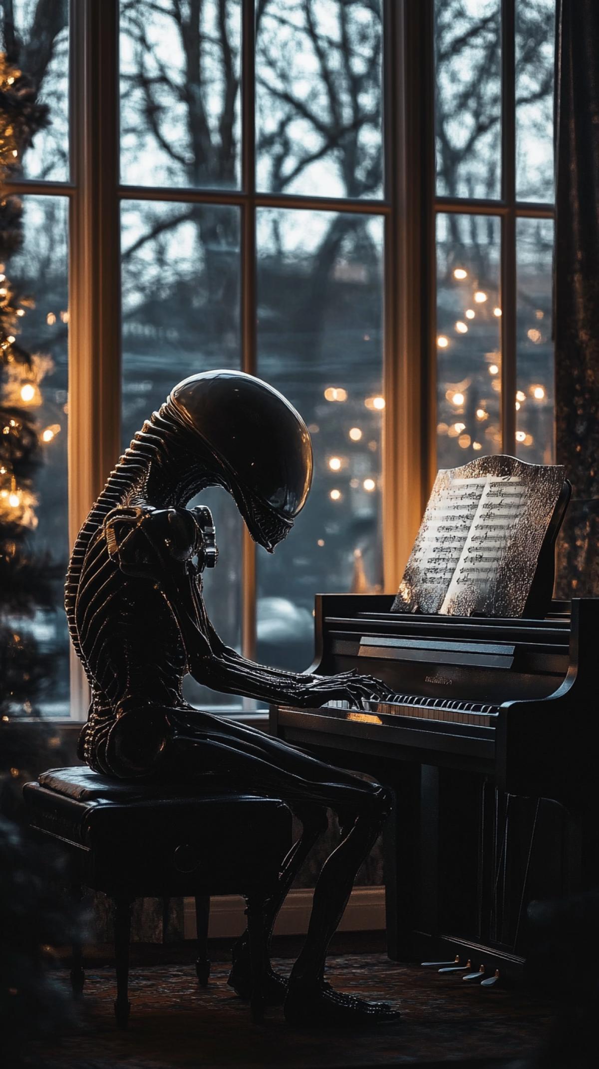Alien feeling sorrow about old tired piano player after Christmas party starry skies behind big windows general view