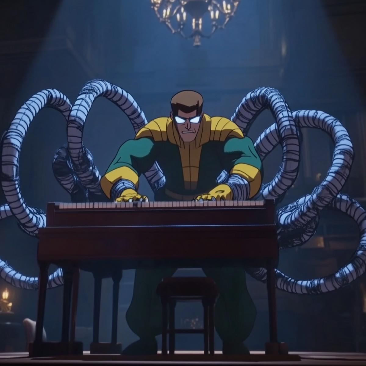 Otto Octavius from the Spider-Man cartoon plays Rachmaninoffs Piano Concerto No. 3 with all his hands.