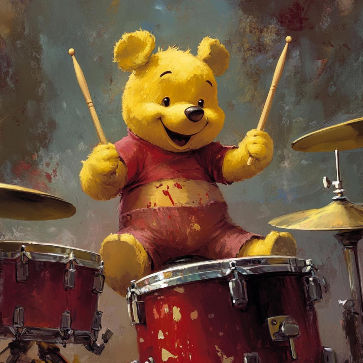Winnie the Pooh plays the drum kit