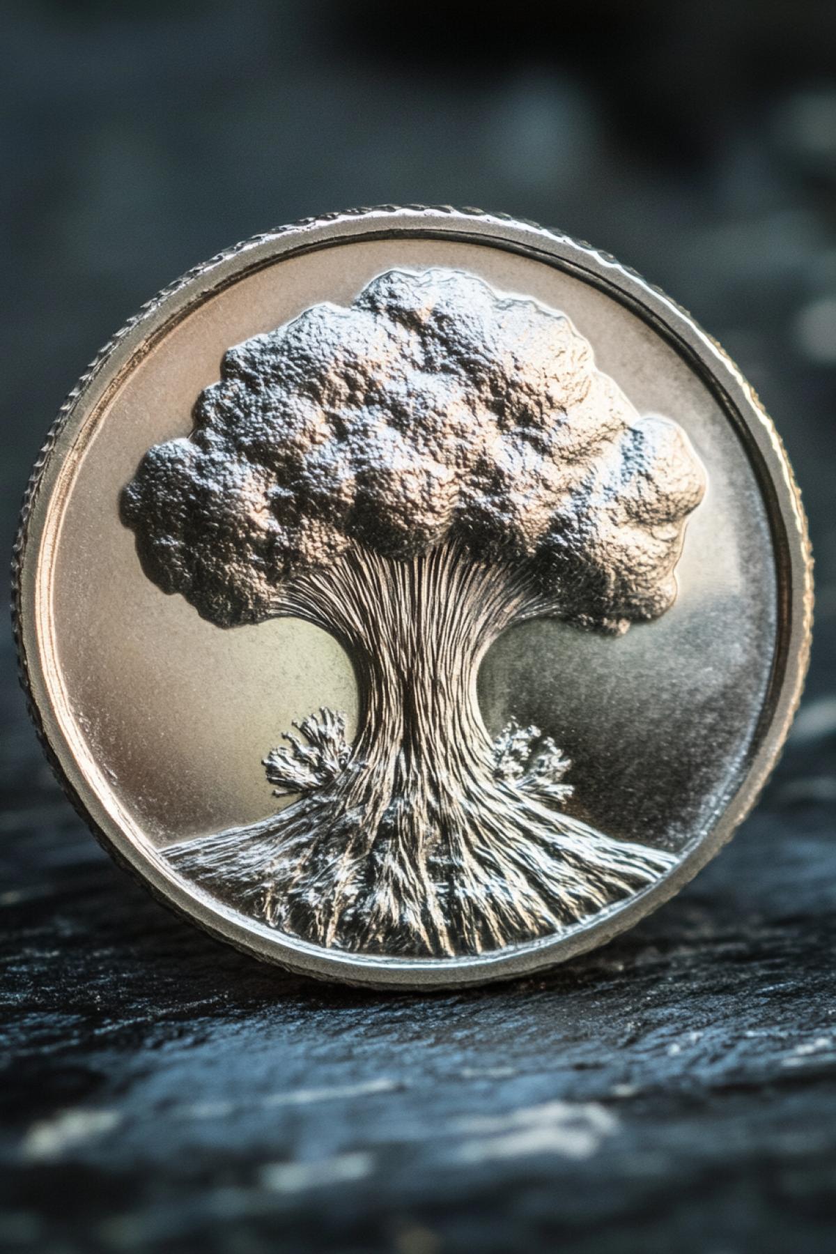 An image of a coin minted in the form of a nuclear mushroom. Coin with a design of an atomic mushroom (explosion)