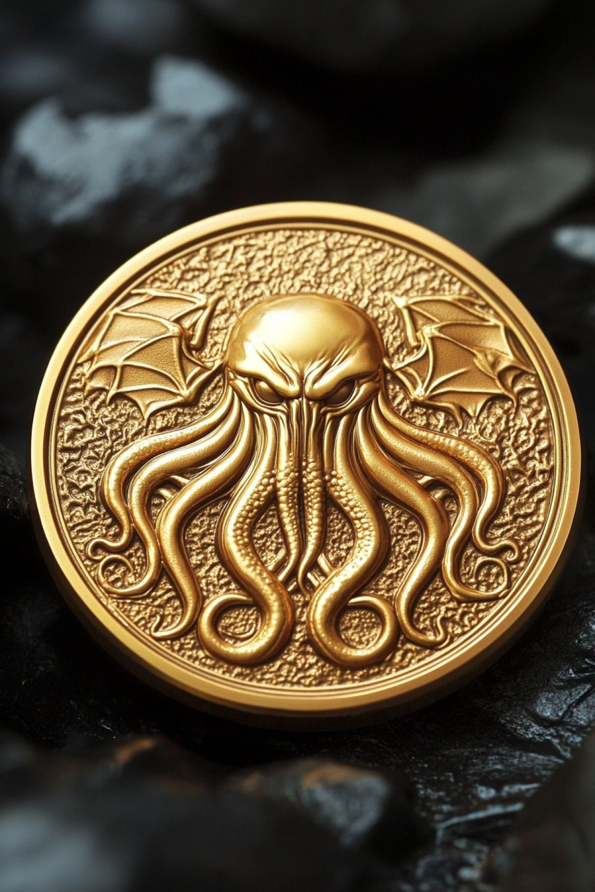 Image of a gold coin embossed with Cthulhu