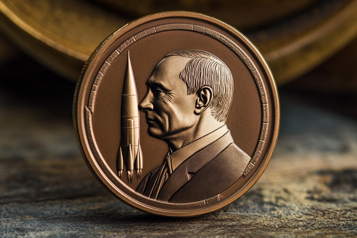 Coin design with a portrait of Putin and a hazel rocket