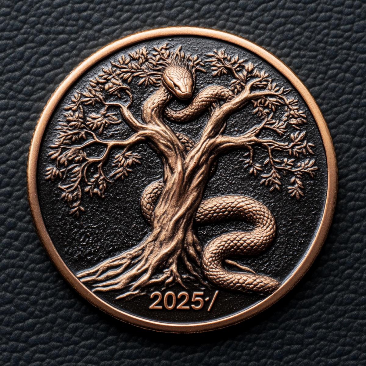 Copper coin with the text \"2025\" in the center, a snake on a tree.