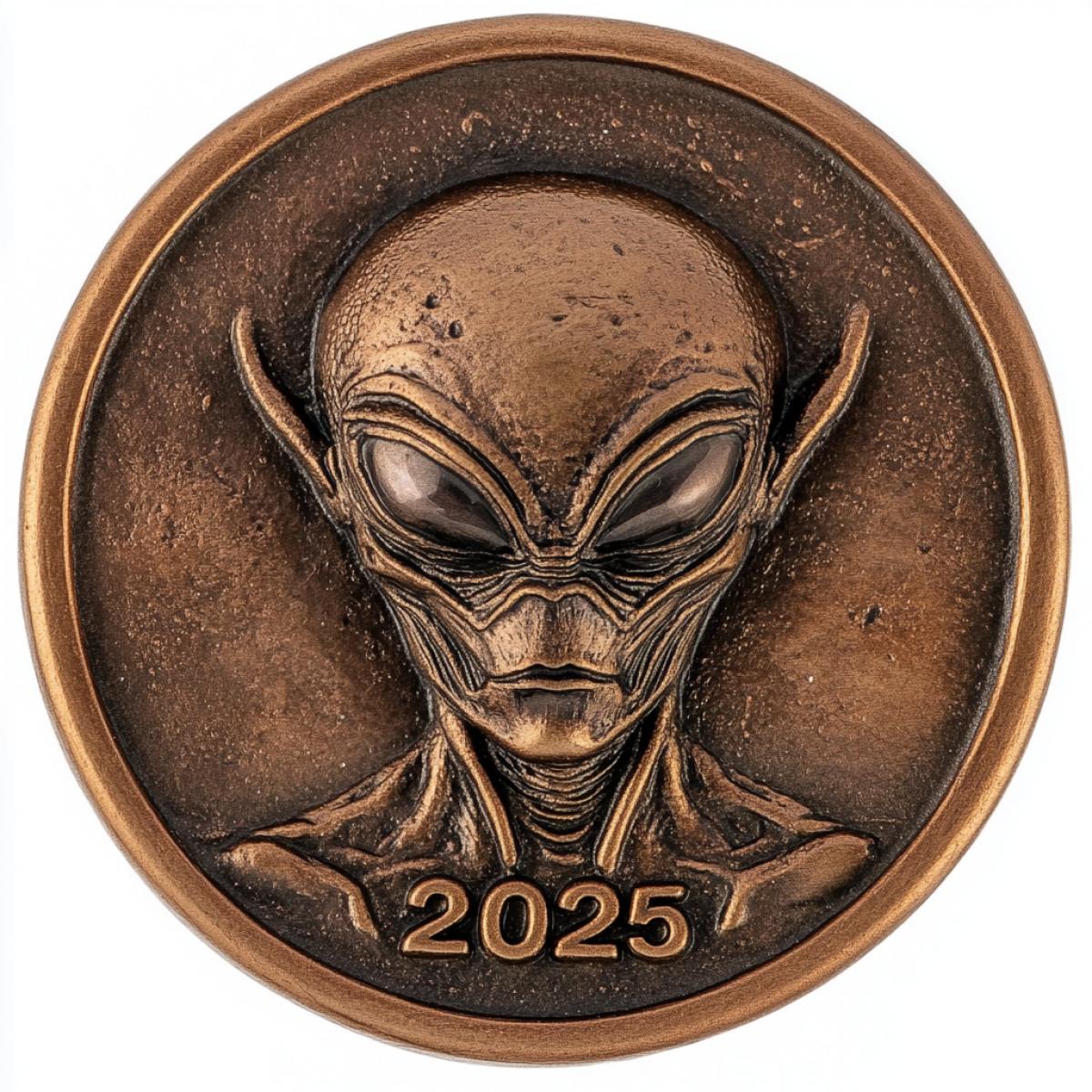 Copper coin with minted text \"2025\", alien head