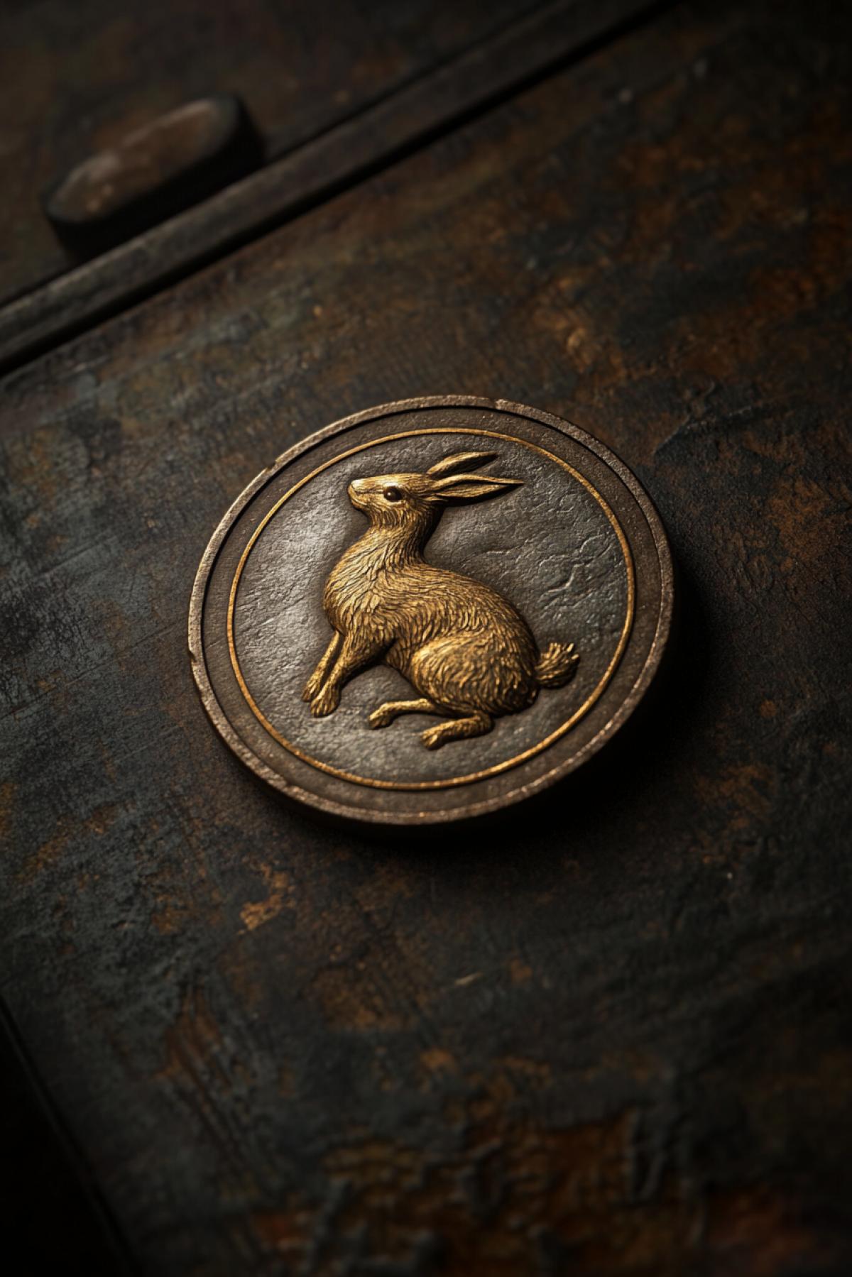 Coin, anury coins hare logo, gothic style, fusion, flickering, realistic image, photoshop
