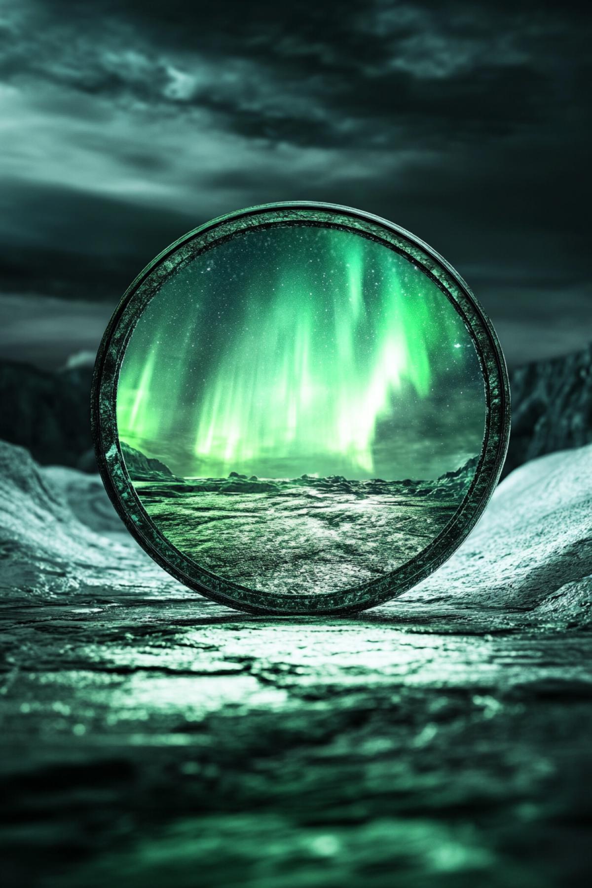 Coin, inside the coin there are northern lights, , space, emptiness, gothic style, flickering, realistic photoshop