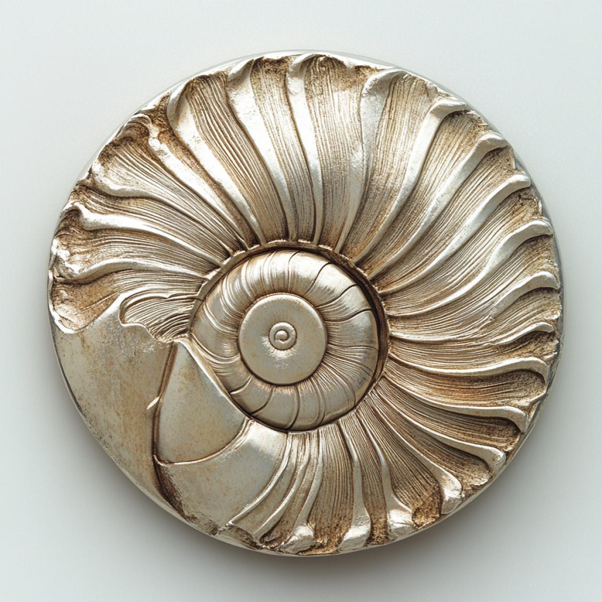Silver coin stylized as a sea shell shell.