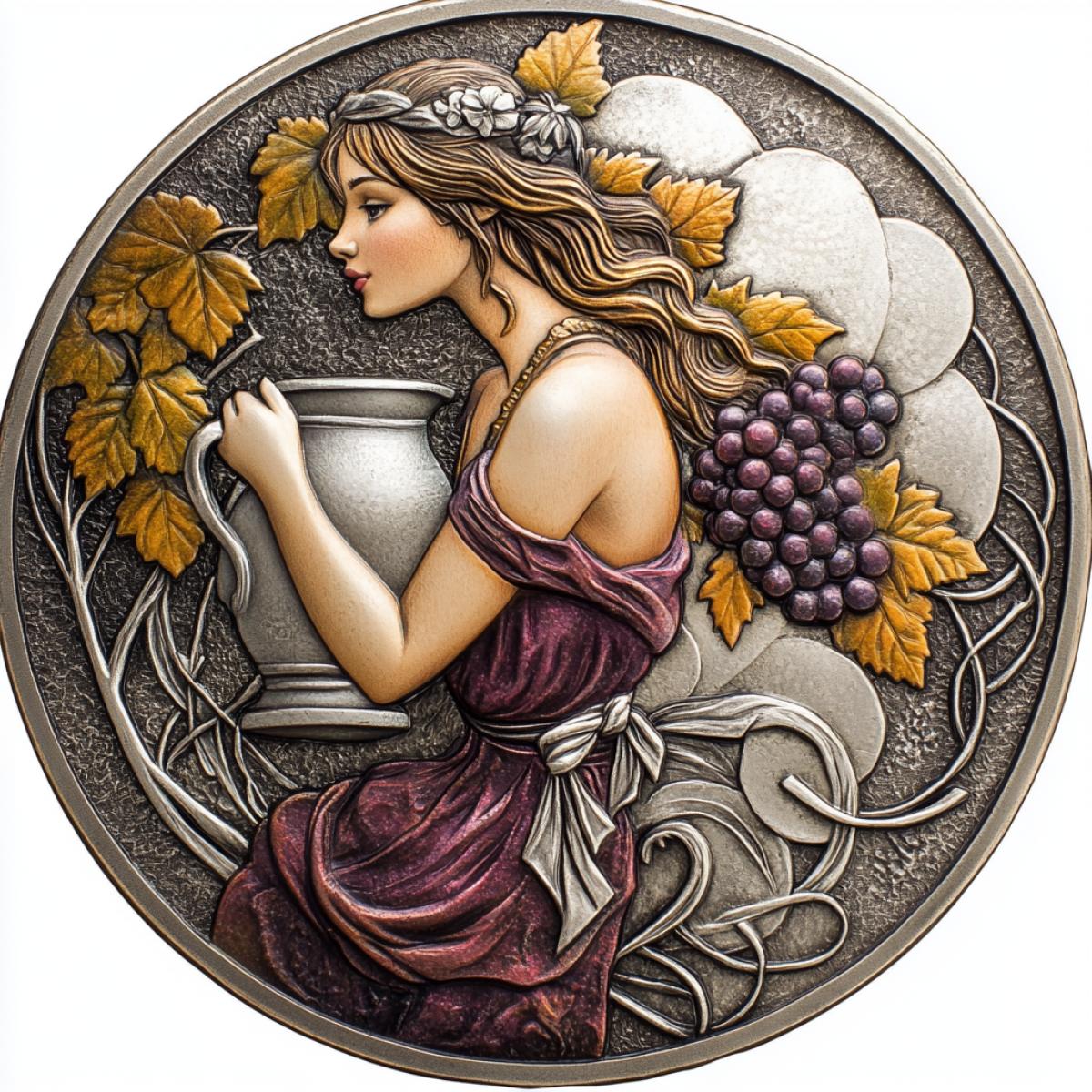 minted coin with the image of a pretty girl carrying a jug, against the background of a bunch of grapes with a vine