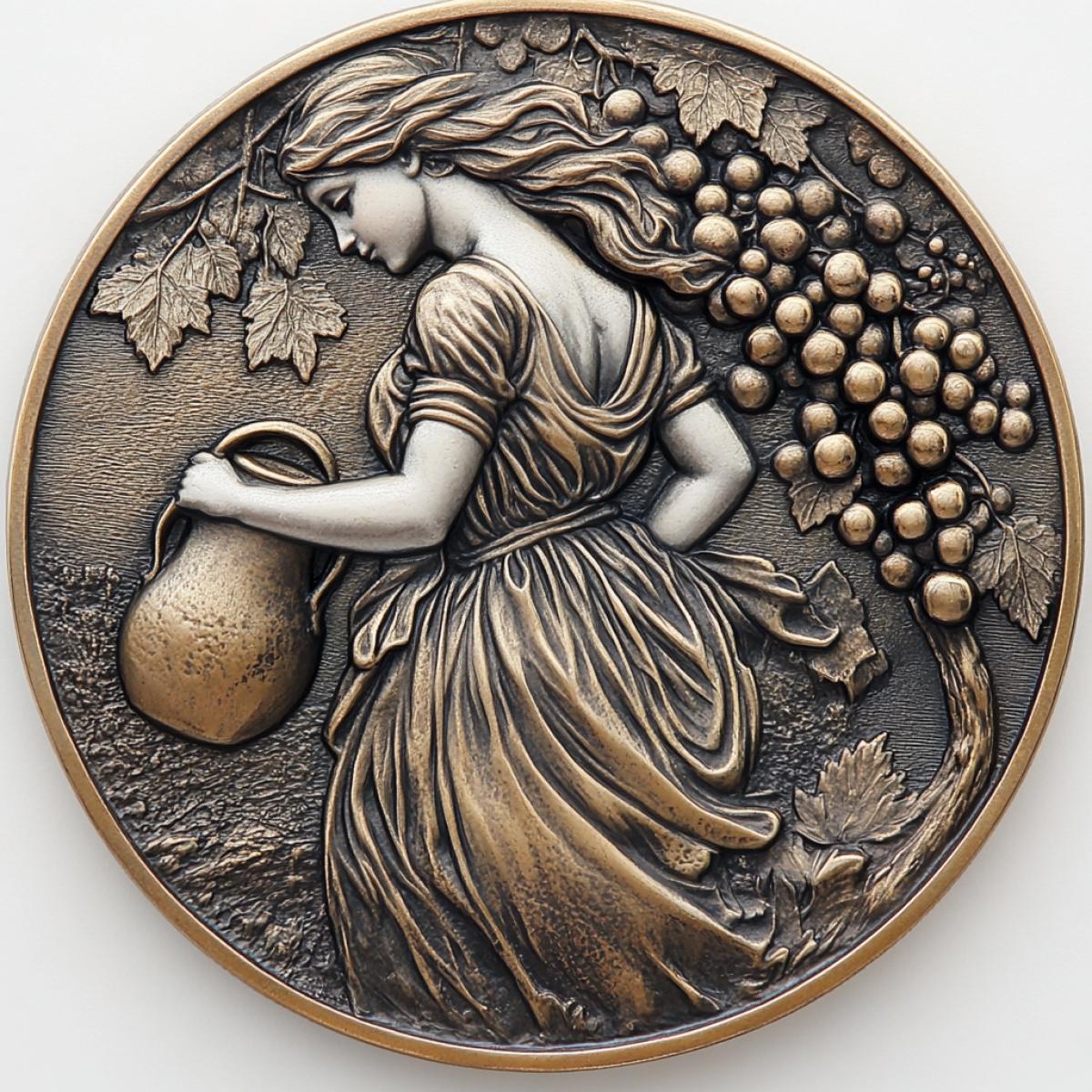 minted coin with the image of a pretty girl carrying a jug, against the background of a bunch of grapes with a vine