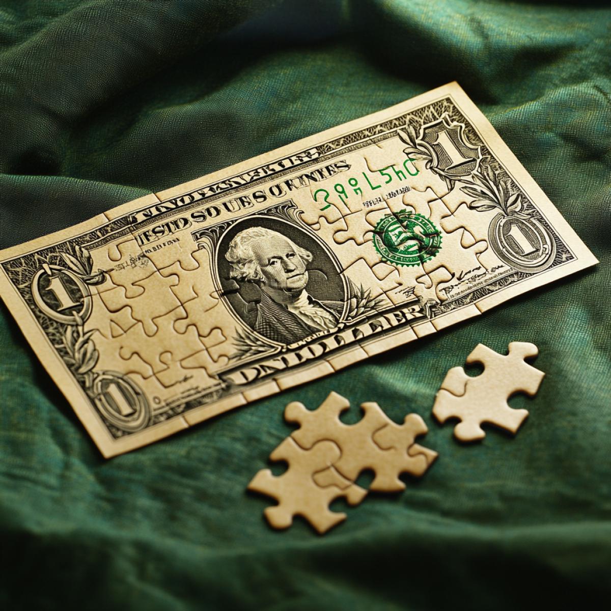 A golden one-dollar bill designed in the form of a puzzle. Several pieces of this puzzle are lying nearby on a green cloth.