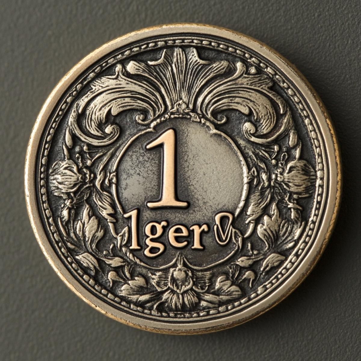 A minted coin with a fantastic design and the inscription \"1ger\"