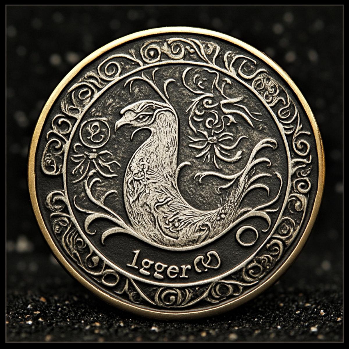 A minted coin with a fantastic design and the inscription \"1ger\"