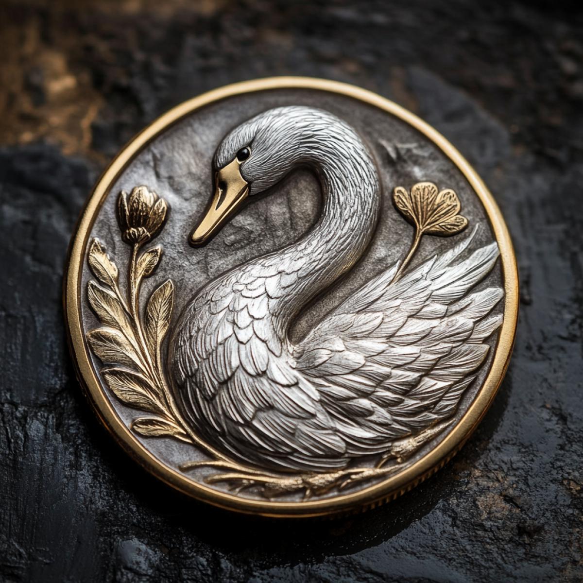 Coin in the form of a beautiful swan in realism
