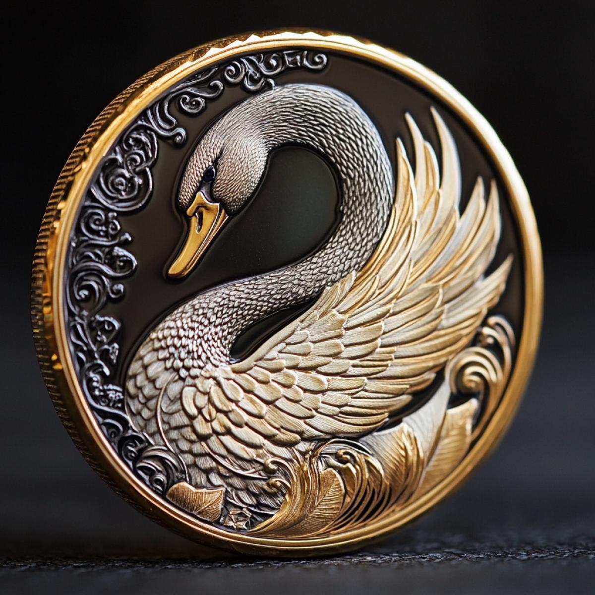 Coin in the form of a beautiful swan in realism