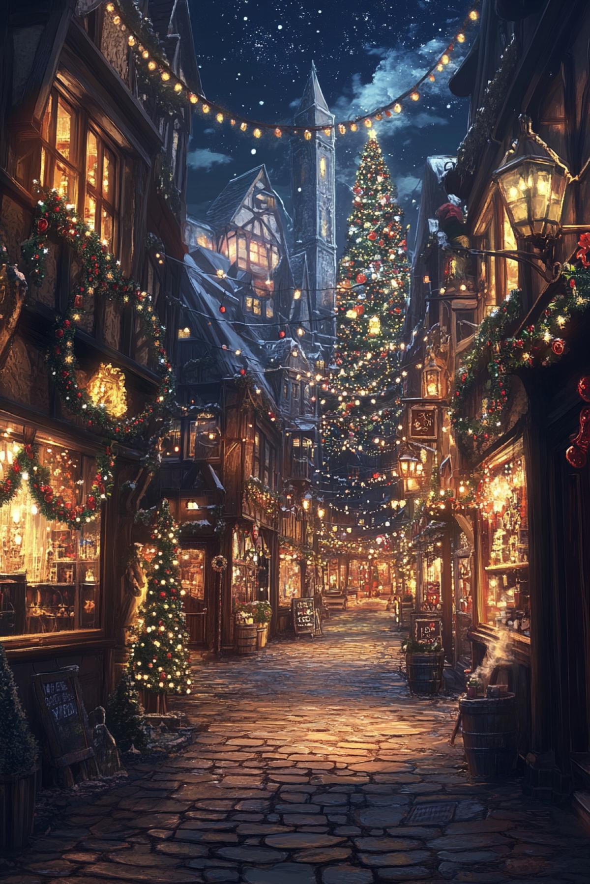 A medieval fantasy city preparing to celebrate the New Year. The streets are decorated with bright garlands and twinkling lights, shop windows shine with festive decorations, and an elegant Christmas tree rises in the central square.
