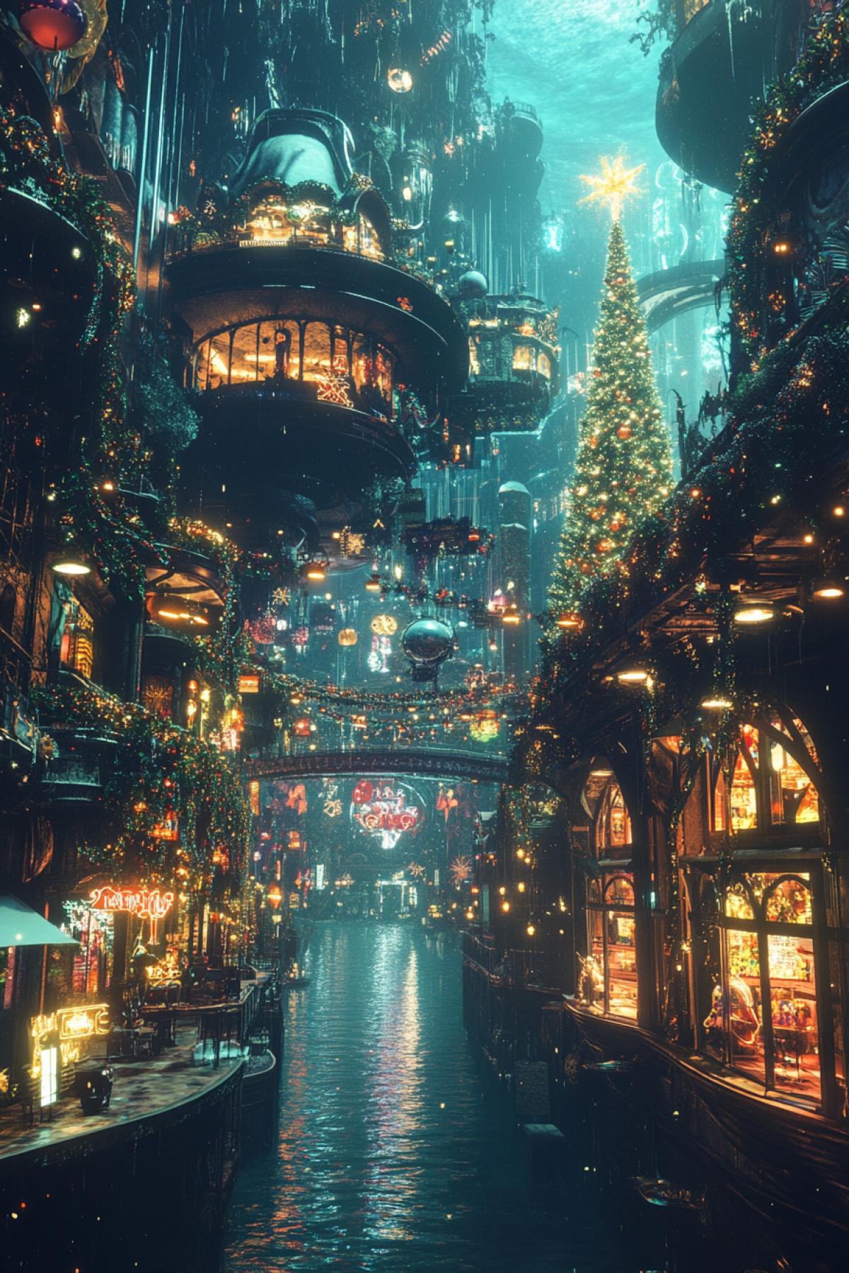 An alien underwater city preparing to celebrate the New Year. The streets are decorated with bright garlands and twinkling lights, shop windows shine with festive decorations, and an elegant Christmas tree rises in the central square.