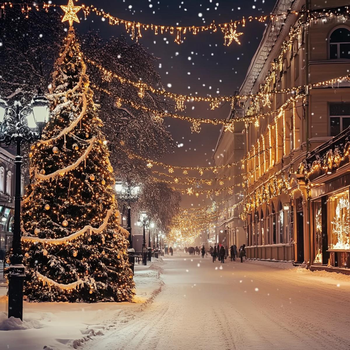 Clear weather and severe frost. In a beautiful city there is a large decorated Christmas tree. The streets are also decorated with garlands, a festive mood