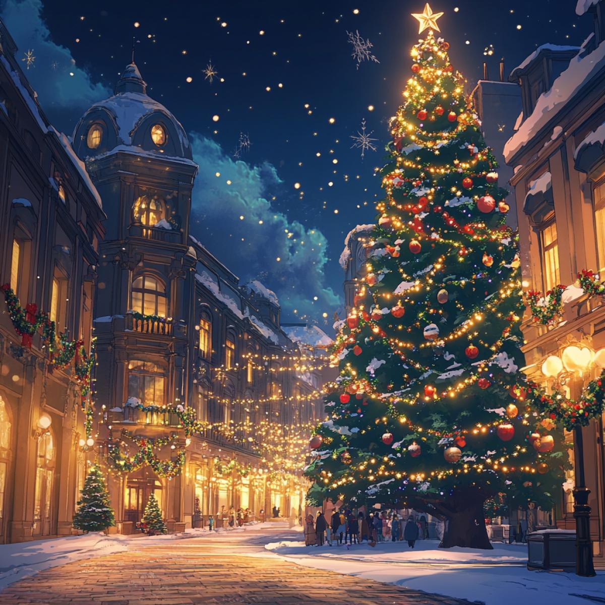 Decorated Christmas tree in a beautiful anime city, with a big street, a lot of garlands and children