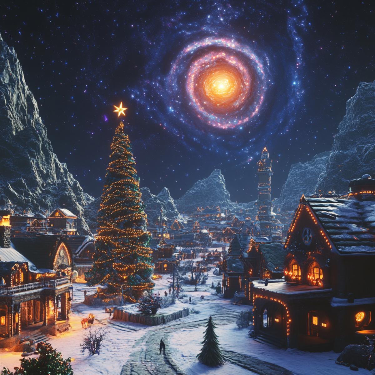 A city on another planet celebrates the New Year. There are many houses and a beautifully decorated Christmas tree. A galaxy is visible in the sky