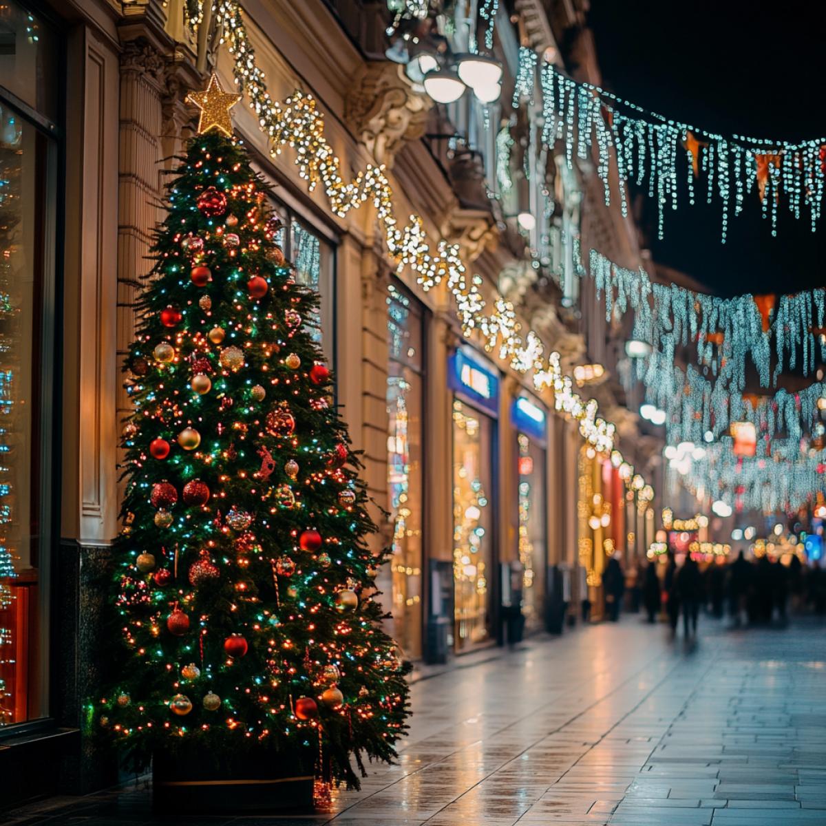 New Year tree on the square, around the shop windows decorated in festive style and with bright lights
