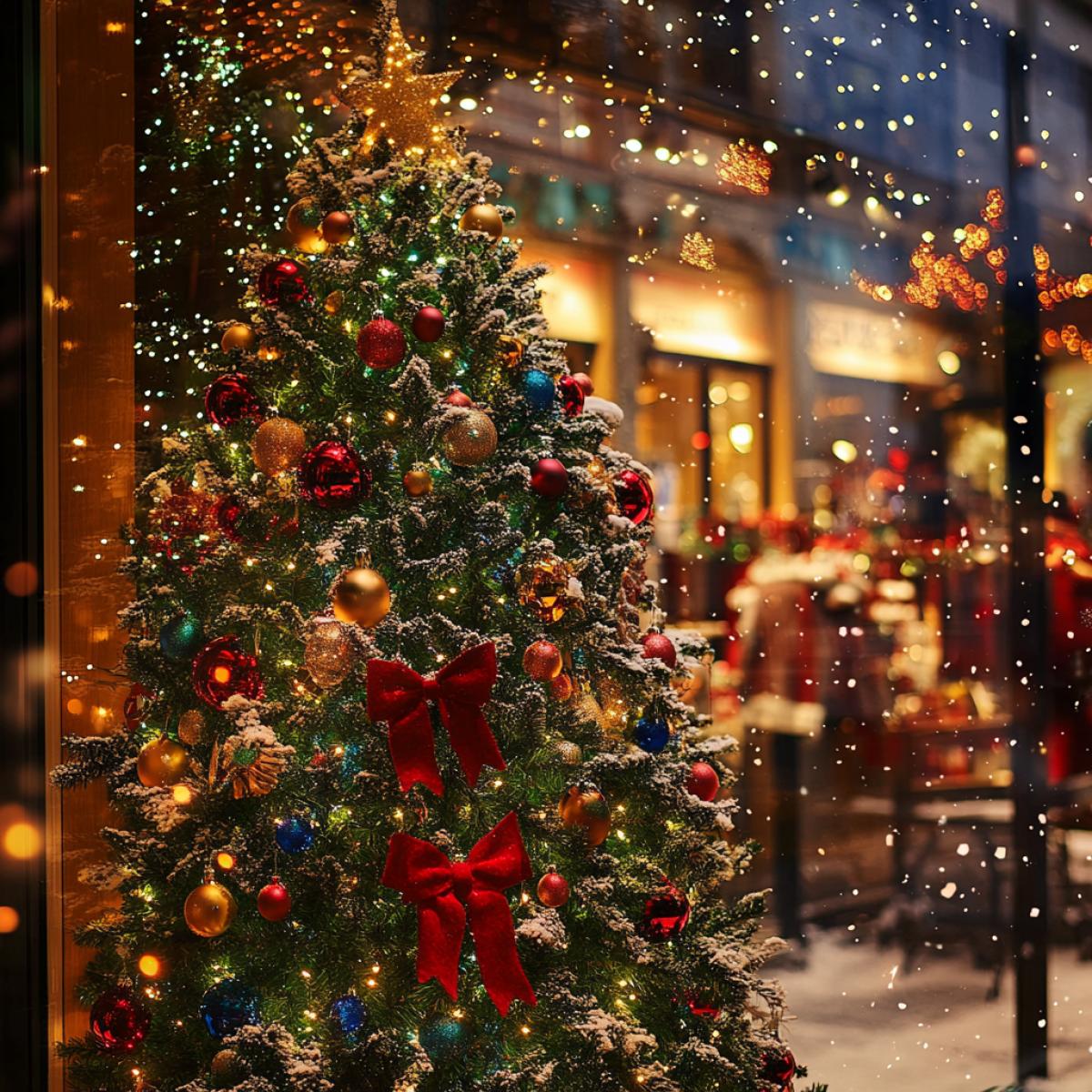 New Year tree on the square, around the shop windows decorated in festive style and with bright lights