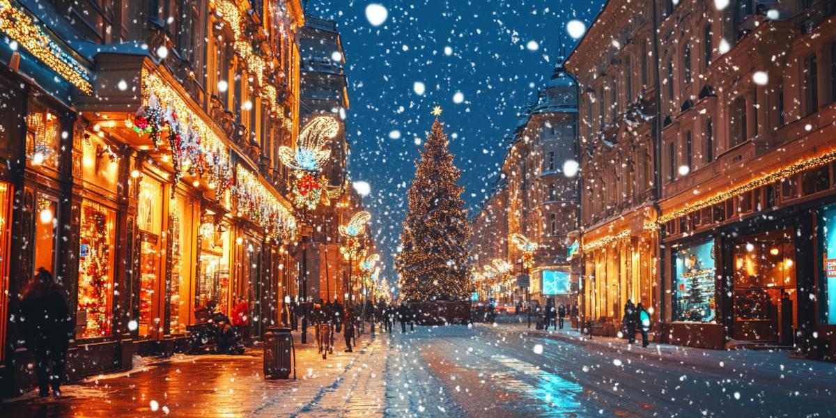 city ​​preparing for the New Year celebration. its snowing in flakes, the streets are decorated with bright garlands and twinkling lights, shop windows are sparkling with festive decorations, and an elegant Christmas tree rises in the central square.