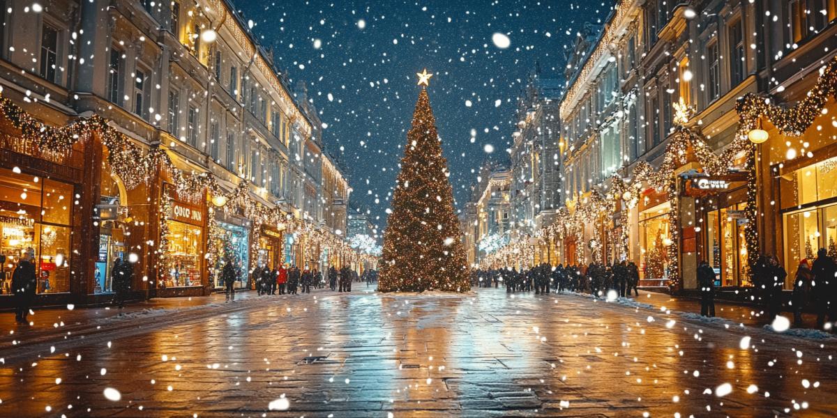 city ​​preparing for the New Year celebration. its snowing in flakes, the streets are decorated with bright garlands and twinkling lights, shop windows are sparkling with festive decorations, and an elegant Christmas tree rises in the central square.